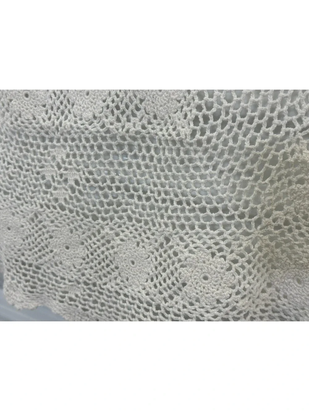 Vintage Crochet Tablecloth Topper Floral Pattern Cream White Scallop Edge 34x37